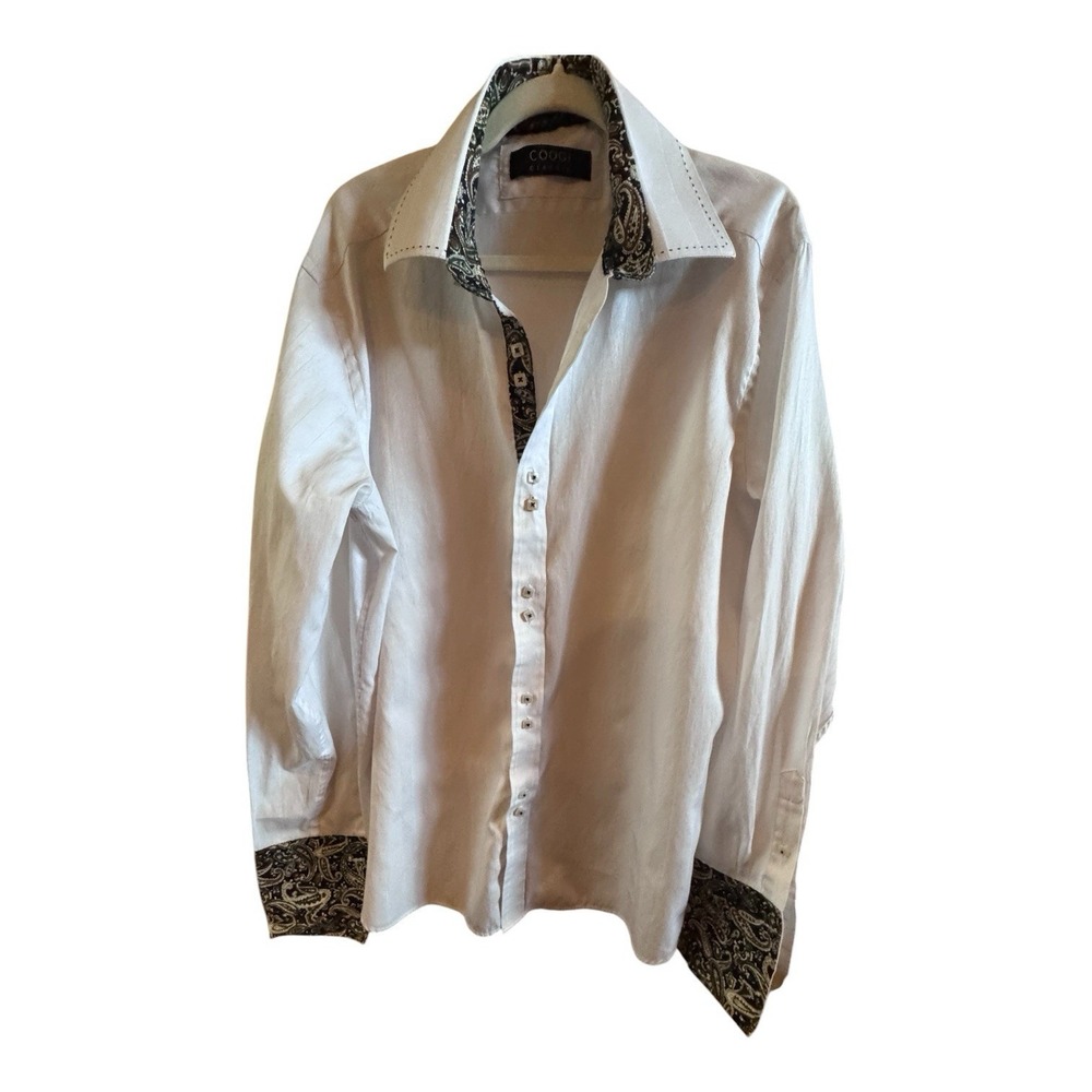 Coogi Classic Crisp White Men's Shirt XL 17.5 X 34/35 Paisley Collar, Cuffs
